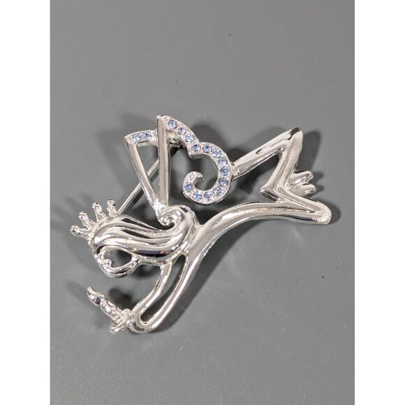 Silver Tone Angely Brooch Blue Rhinestone Christmas Winter Birthstone - Picture 1 of 7